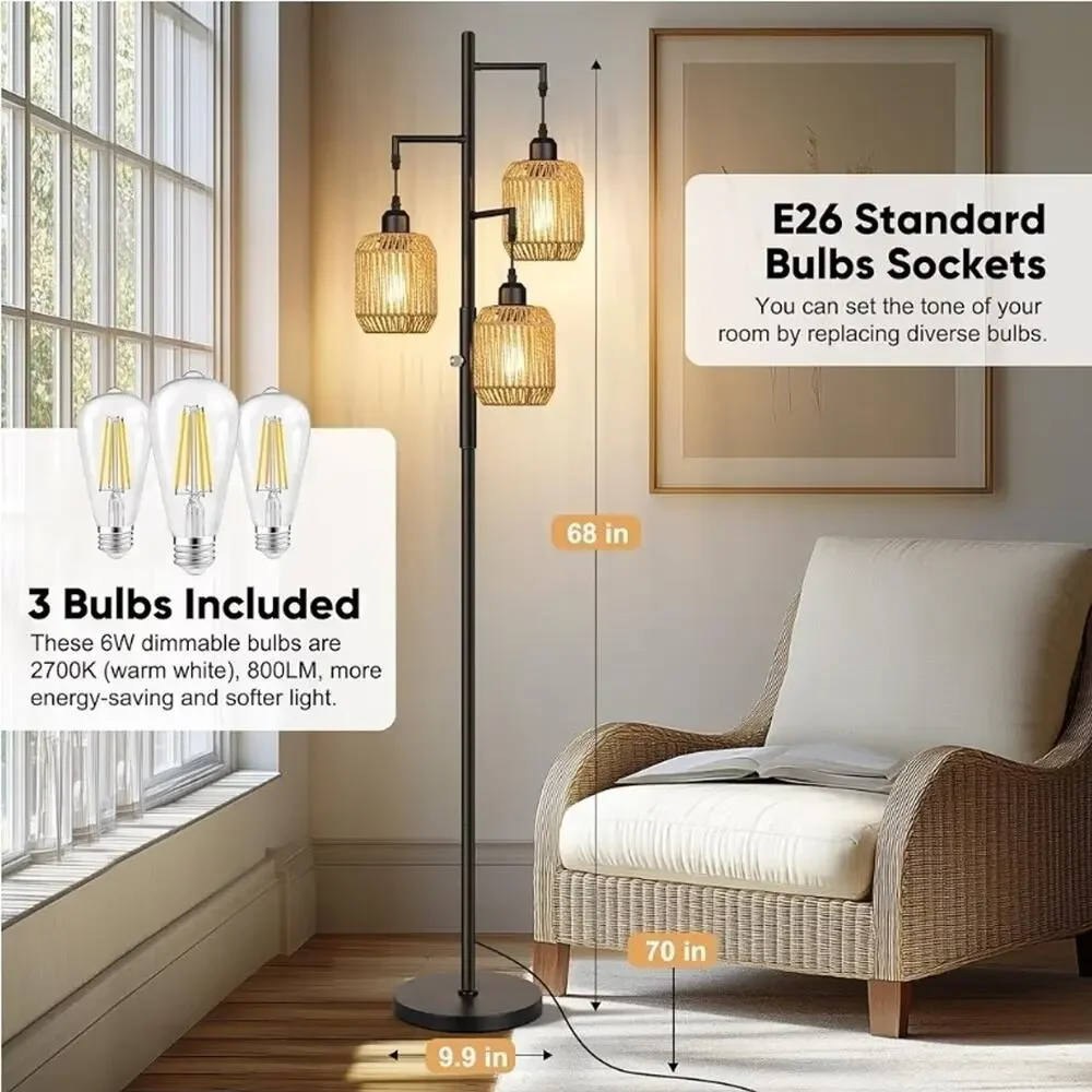ROTTOGOON 68” Dimmable 3-Light Rattan Floor Lamp Boho Farmhouse Tree Lamp Black